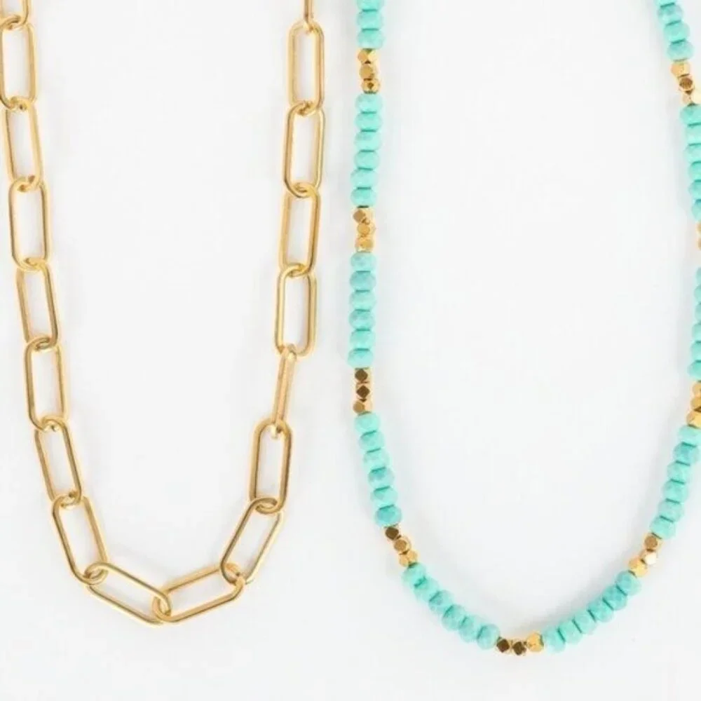 Turquoise BUNDLE WATERPROOF Gold Chunky Chain & Turquoise Beaded Necklace PRETTY